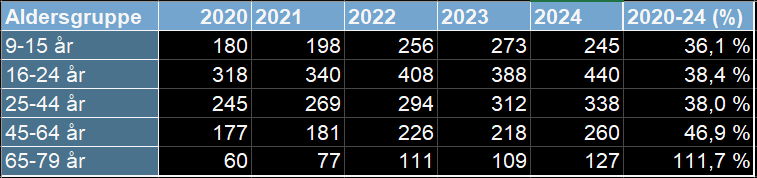 Tabell i Excel: internettbruk 2020-2024 per aldersgruppe, med prosentvis endring
