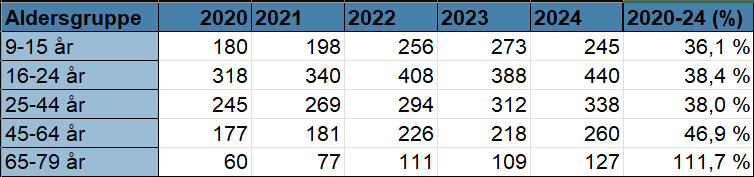 Tabell i Excel: internettbruk 2020-2024 per aldersgruppe, med prosentvis endring
