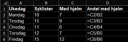 Formlene bak andelsberegningen i Excel, med rad- og kolonneoverskrifter