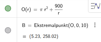 Algebra-ruten i GeoGebra: funksjonen O(r) og ekstremalpunktet B